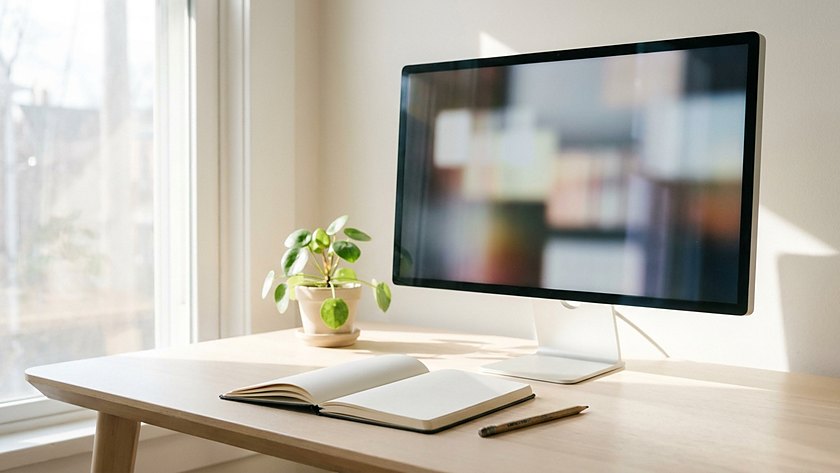 自然光の入る机の上のモニターとノート。グループ会社denforによるWeb制作の作業風景イメージ